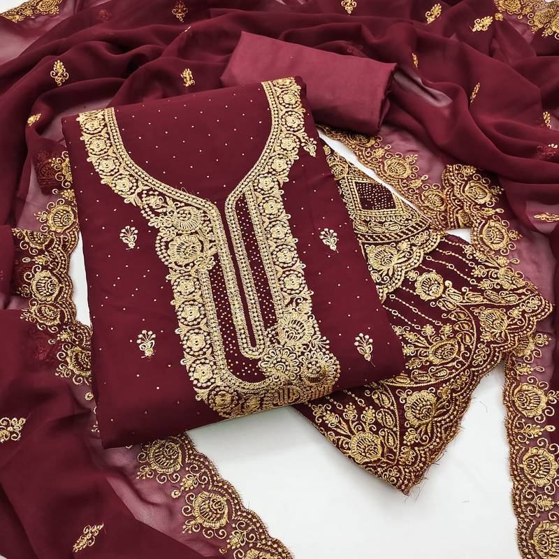 Women maroon georgette embroidered unstitched dress material with dupatta