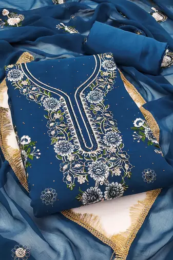 Women blue georgette embroidered unstitched dress material with dupatta