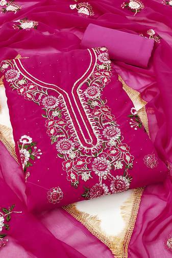 Women magenta georgette embroidered unstitched dress material with dupatta