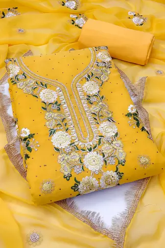 Women yellow georgette embroidered unstitched dress material with dupatta