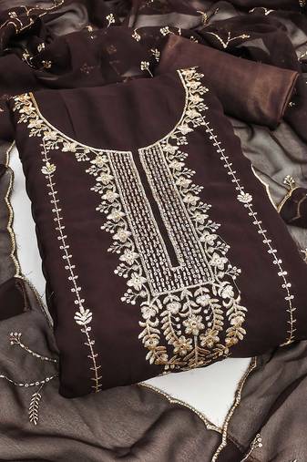 Women brown georgette sequin work unstitched dress material with dupatta