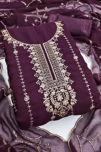 Women purple georgette sequin work unstitched dress material with dupatta