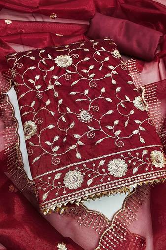 Women maroon twill net sequin work unstitched dress material with dupatta