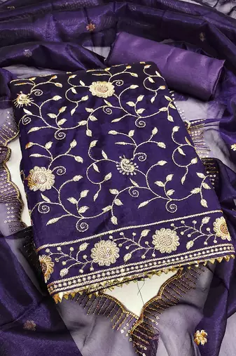 Women royal blue twill net sequin work unstitched dress material with dupatta