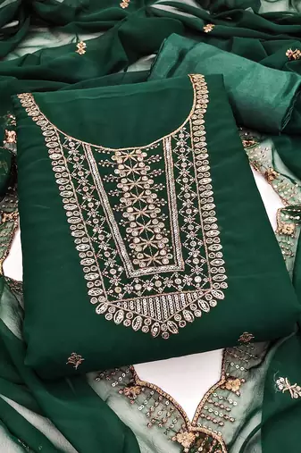 Women green georgette sequin work unstitched dress material with dupatta