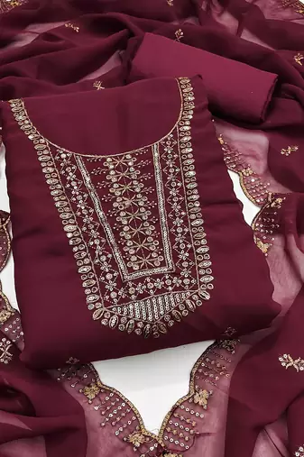 Women maroon georgette sequin work unstitched dress material with dupatta