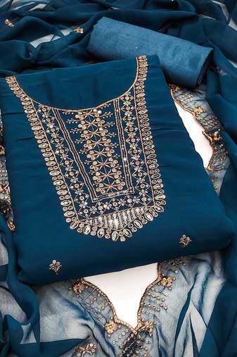 Women teal blue georgette sequin work unstitched dress material with dupatta
