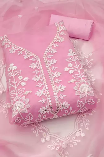 Women baby pink organza sequin work unstitched dress material with dupatta