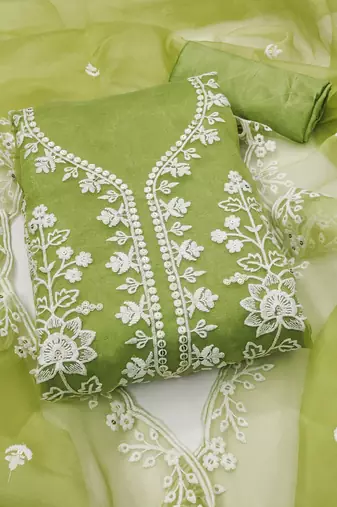 Women light green organza sequin work unstitched dress material with dupatta