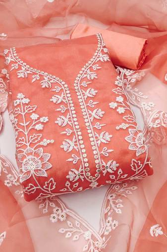 Women peach organza sequin work unstitched dress material with dupatta