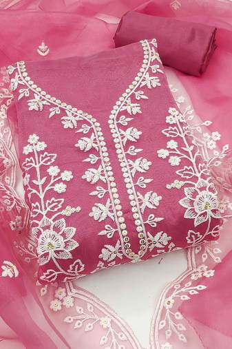 Women pink organza sequin work unstitched dress material with dupatta