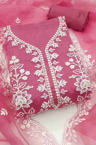 Women pink organza sequin work unstitched dress material with dupatta