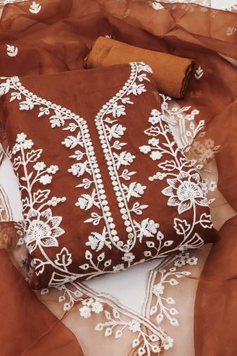 Women rust organza sequin work unstitched dress material with dupatta