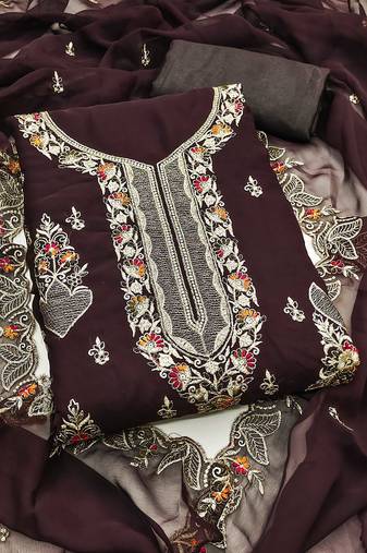 Women brown georgette embroidered unstitched dress material with dupatta