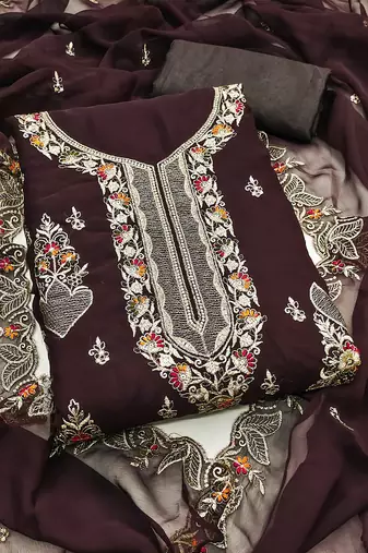 Women brown georgette embroidered unstitched dress material with dupatta