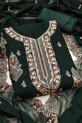 Women green georgette embroidered unstitched dress material with dupatta