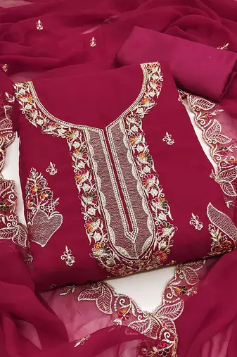 Women magenta georgette embroidered unstitched dress material with dupatta