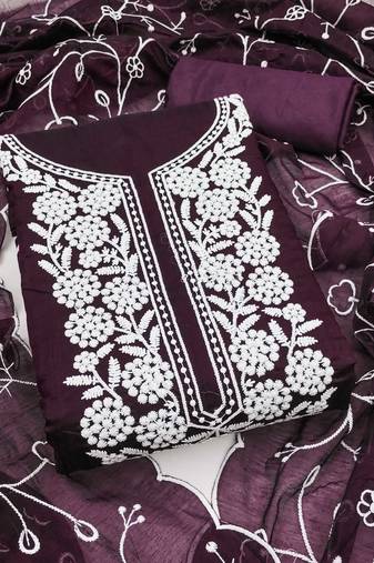 Women purple chanderi cotton embroidered unstitched dress material with dupatta