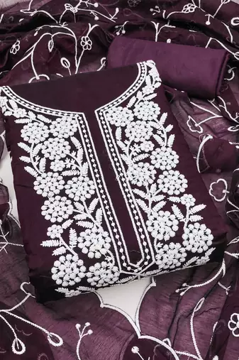 Women purple chanderi cotton embroidered unstitched dress material with dupatta