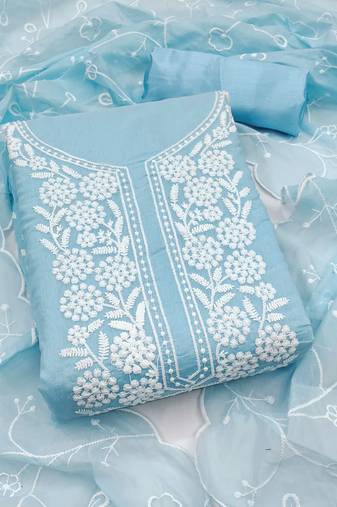 Women sky blue chanderi cotton embroidered unstitched dress material with dupatta