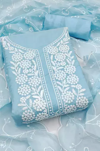 Women sky blue chanderi cotton embroidered unstitched dress material with dupatta