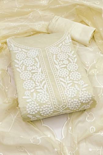 Women white chanderi cotton embroidered unstitched dress material with dupatta