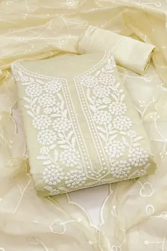 Women white chanderi cotton embroidered unstitched dress material with dupatta