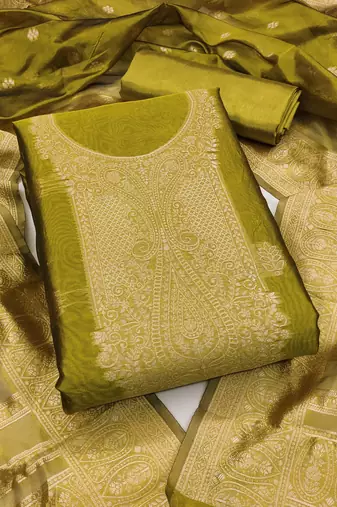 Women green simmer silk woven unstitched dress material with dupatta