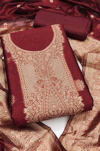 Women maroon simmer silk woven unstitched dress material with dupatta