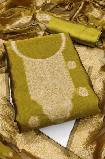 Women green simmer silk woven unstitched dress material with dupatta