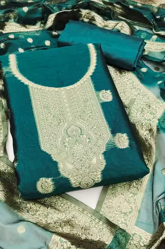 Women sea green simmer silk woven unstitched dress material with dupatta