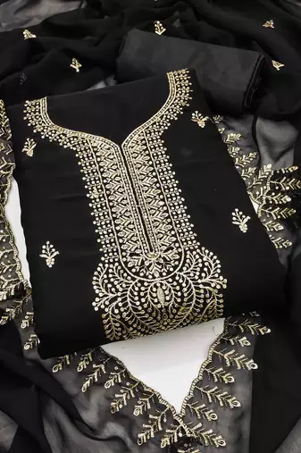 Women black georgette embroidered unstitched dress material with dupatta