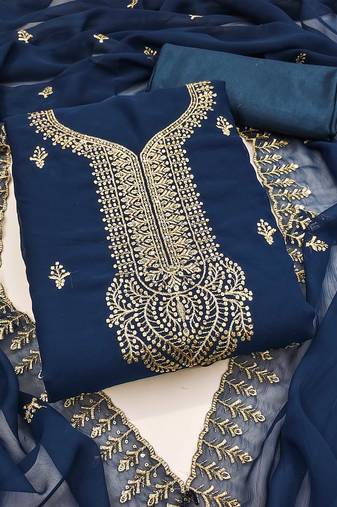 Women blue georgette embroidered unstitched dress material with dupatta