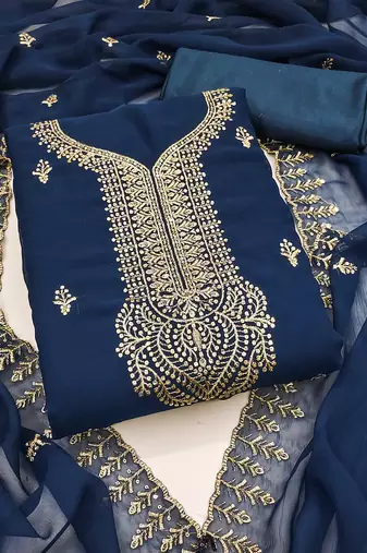 Women blue georgette embroidered unstitched dress material with dupatta