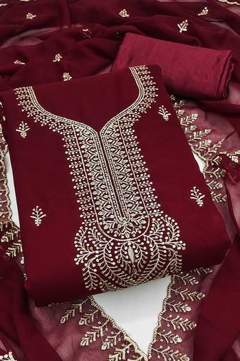 Women maroon georgette embroidered unstitched dress material with dupatta