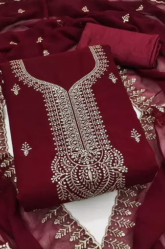 Women maroon georgette embroidered unstitched dress material with dupatta