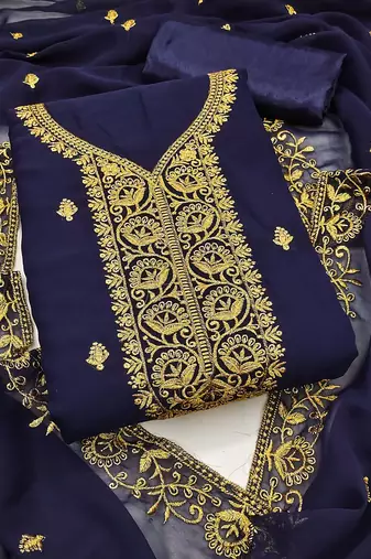 Women blue georgette embroidered unstitched dress material with dupatta