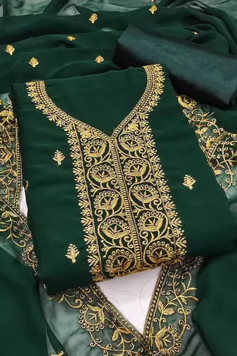 Women green georgette embroidered unstitched dress material with dupatta