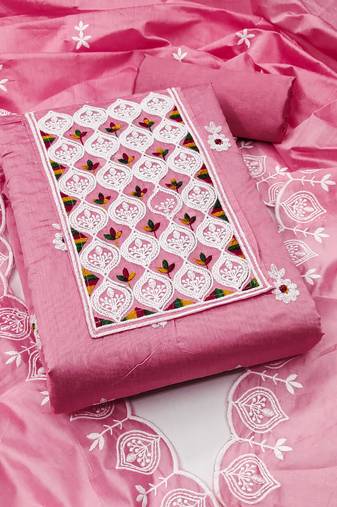 Women pink chanderi cotton embroidered unstitched dress material with dupatta