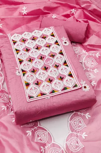 Women pink chanderi cotton embroidered unstitched dress material with dupatta