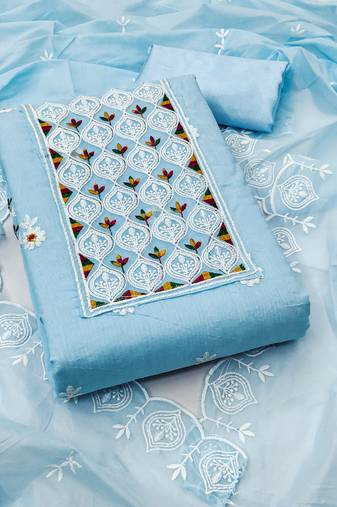 Women sky blue chanderi cotton embroidered unstitched dress material with dupatta