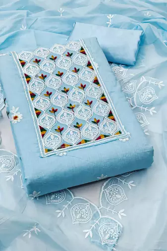Women sky blue chanderi cotton embroidered unstitched dress material with dupatta