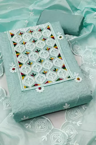 Women sea green chanderi cotton embroidered unstitched dress material with dupatta