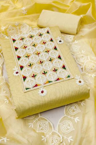 Women yellow chanderi cotton embroidered unstitched dress material with dupatta