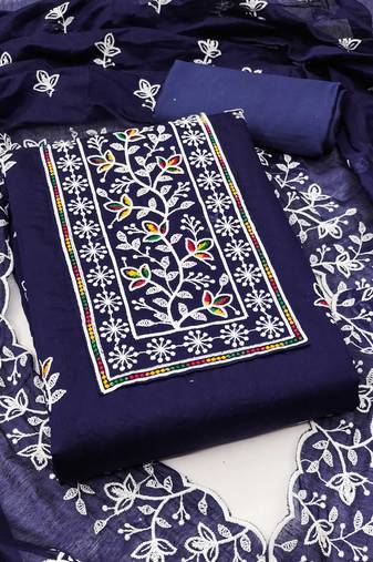 Women blue chanderi cotton embroidered unstitched dress material with dupatta