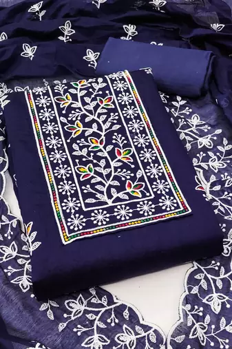 Women blue chanderi cotton embroidered unstitched dress material with dupatta