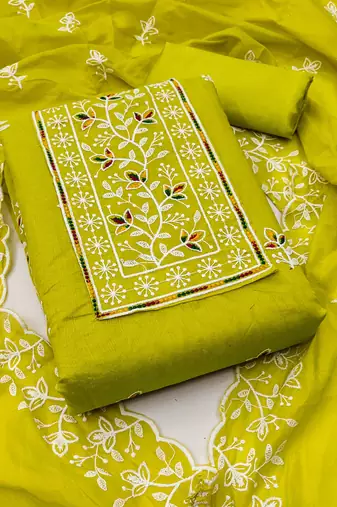 Women light green chanderi cotton embroidered unstitched dress material with dupatta