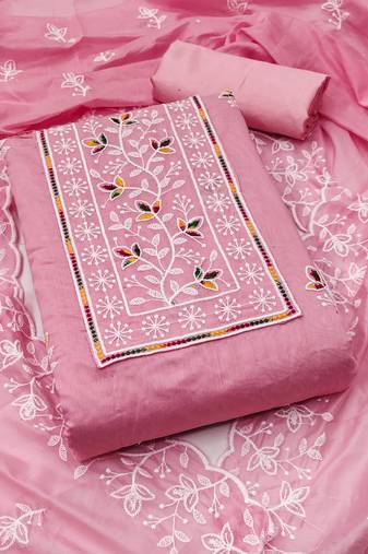 Women pink chanderi cotton embroidered unstitched dress material with dupatta