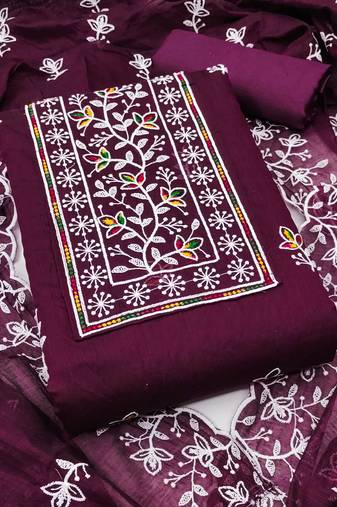Women violet chanderi cotton embroidered unstitched dress material with dupatta