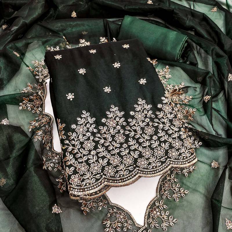 Women green twill net embroidered unstitched dress material with dupatta